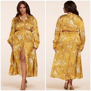 L'ATISTE Gold Floral Button-Up Maxi Dress